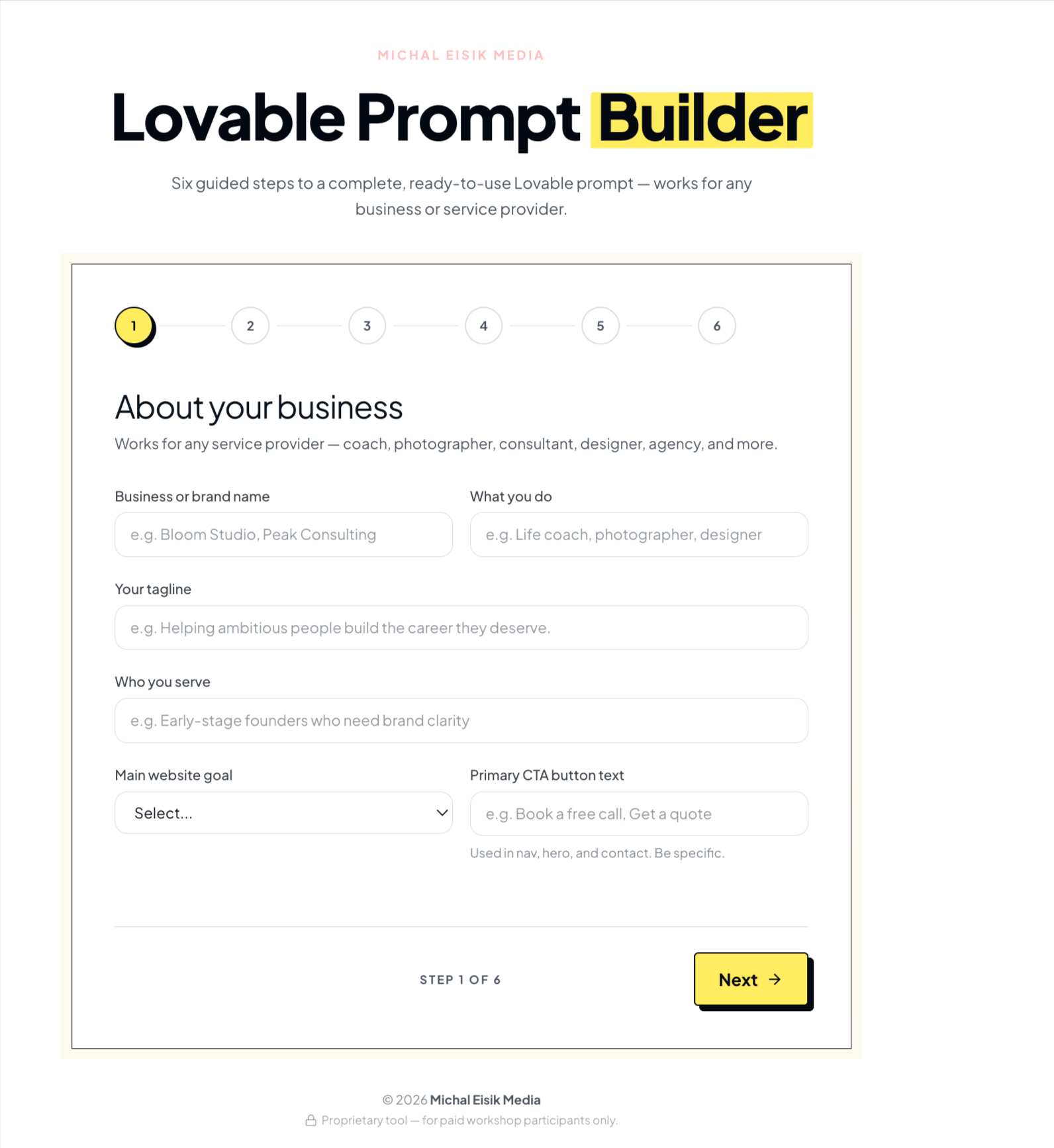 Lovable Prompt Builder — 6-step guided form mockup