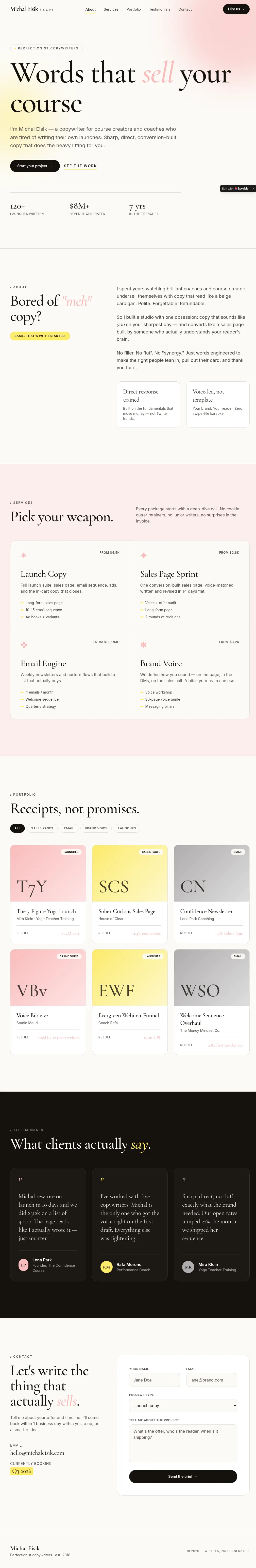 Confident Wordsmith — one-page site mockup